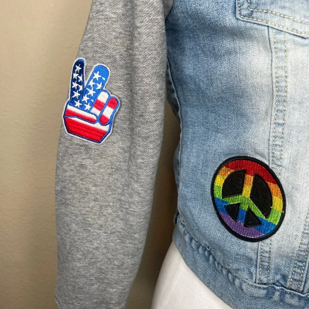 Vigoss Girls Hooded Denim Jacket Size 10 Patches Sherpa Lined Mixed Media